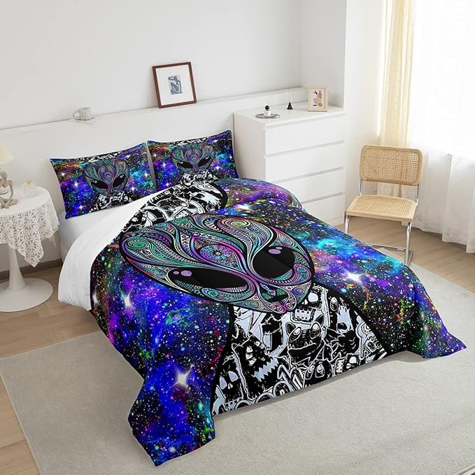 Feelyou Alien Printed Comforter Kids Galaxy Outer Space Themed Bedding Set Boys Girls Trippy Alien Hippie Skull Decor Comforter Set Colorful Tie Dye Quilted Duvet Bedroom Bed Set Full Size…