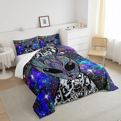 Feelyou Alien Printed Comforter Kids Galaxy Outer Space Themed Bedding Set Boys Girls Trippy Alien Hippie Skull Decor Comforter Set Colorful Tie Dye Quilted Duvet Bedroom Bed Set Full Size…