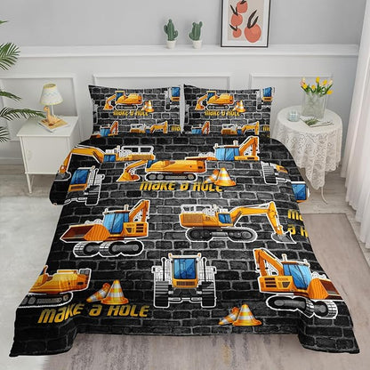 Axolotl Excavator Bedding Set Full Size,Yellow Excavator Bed Comforter for Kids Boys Teens,Tractor Truck Bedding Set for Boys,Construction Bedding Set for Boys,1 Quilt 2 Pillowcases,Deep Grey
