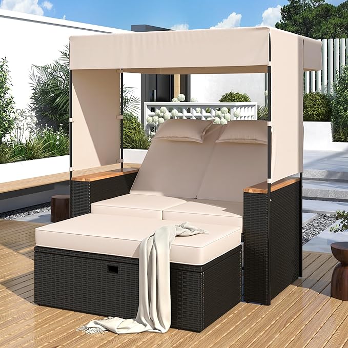 Outdoor Patio Conversation Set, 2-Piece Patio Bench Rattan Roof Set, Effective UV Protection Fabric & Waterproof Cushions and Adjustable Backrest for Garden, Backyard and Porch