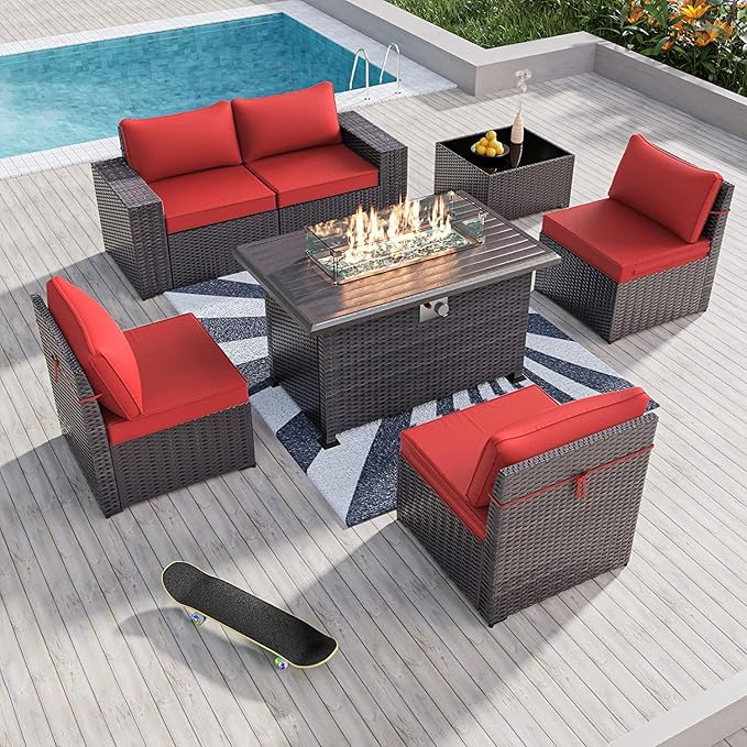 Kullavik 7 Pieces Outdoor Patio Furniture Set with 43" 55000BTU Gas Propane Fire Pit Table PE Wicker Rattan Sectional Sofa Patio Conversation Sets,Dark Red