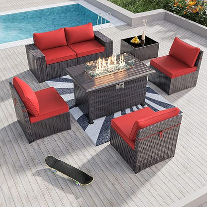 Kullavik 7 Pieces Outdoor Patio Furniture Set with 43" 55000BTU Gas Propane Fire Pit Table PE Wicker Rattan Sectional Sofa Patio Conversation Sets,Dark Red