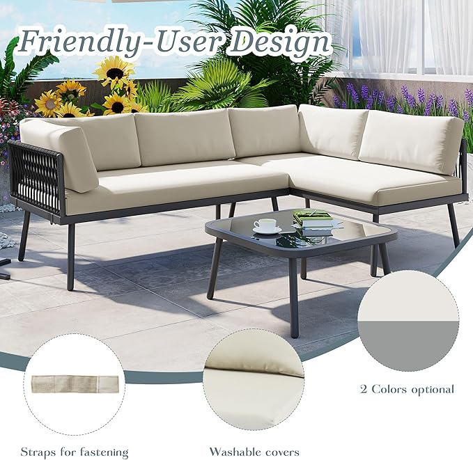 3-Piece Outdoor Patio Furniture PE Rattan Sofa Set, All Weather L-Shaped Sectional Couch with Removable Cushions and Glass Table, for Backyard Poolside Garden, Metal Frame, Onesize, Beige