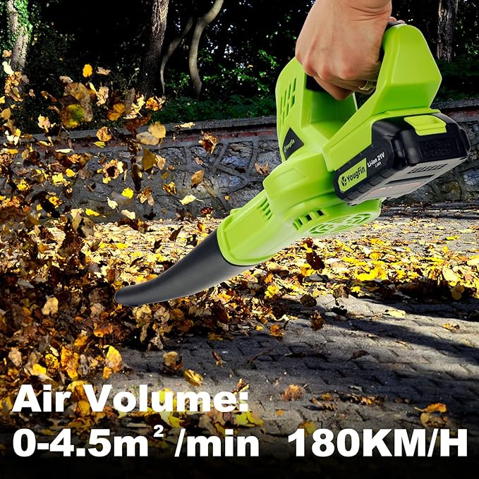 YOUGFIN Cordless Leaf Blower, 21V Powerful Motor, Electric Leaf Blower for Lawn Care, Battery Powered Leaf Blower Lightweight for Snow Blowing (Battery & Charger Included)