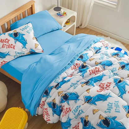 SLEEP ZONE Jersey Knit 2-Piece Twin Size Comforter Set, Blue Shark Design for Boys, Skin-Friendly and Breathable, Super Soft, Durable, Comfortable Kids Bedding Set（Sharks, Twin）
