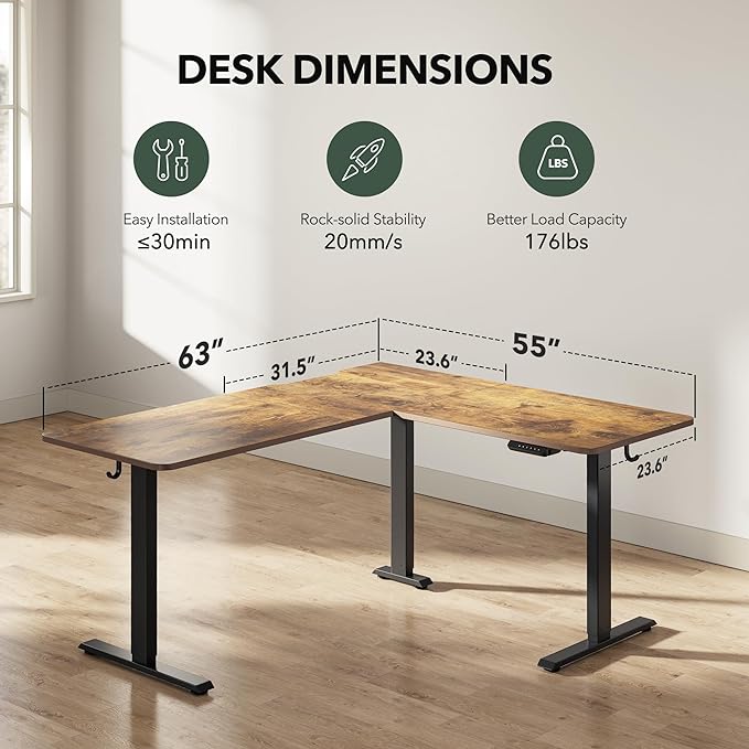 FEZIBO L Shaped Standing Desk Adjustable Height, 63 Inch Electric Stand up Corner Computer Desk, Sit Stand Home Office Desk with Splice Board, Rustic Brown Top/Black Frame
