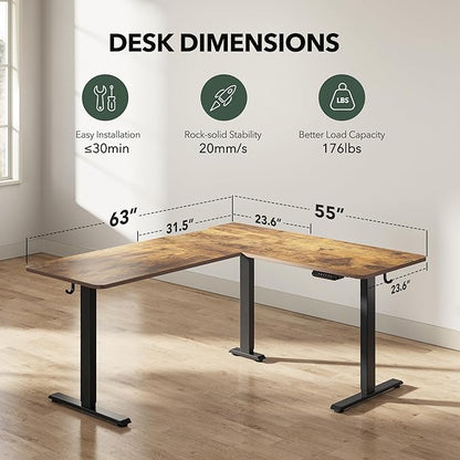 FEZIBO L Shaped Standing Desk Adjustable Height, 63 Inch Electric Stand up Corner Computer Desk, Sit Stand Home Office Desk with Splice Board, Rustic Brown Top/Black Frame