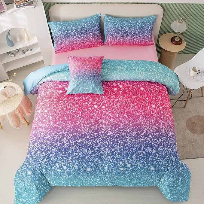 PERFEMET 6Pcs Pink Full Size Comforter Sets for Girls Colorful Rainbow Glitter Kids Bedding Set Sparkly Pastel Ombre Teen Girl Bed in A Bag Comforter Set with Sheets (Pink Blue, Full)