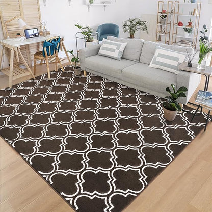 Chicrug Shag Geometric 7x10 Area Rug for Living Room, Large Modern Memory Foam Indoor Carpet, Fluffy Rug for Bedroom Bedside Room Decor for Family Girls Kids Nursery, Brown/White