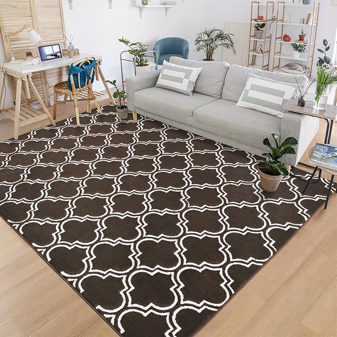 Chicrug Shag Geometric 6x9 Area Rug for Living Room, Large Modern Memory Foam Indoor Carpet, Fluffy Rug for Bedroom Bedside Room Decor for Family Girls Kids Nursery, Brown/White