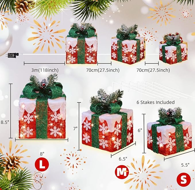 [Ultra-Large 16"x14"x11.5" Christmas Set of 3 Lighted Gift Boxes Decorations Pre-lit 91 Super-Bright LED with Flashers,for Indoor Outdoor Pathway Holiday Party Home(Warm White)