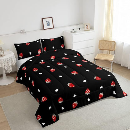 Red Strawberry Bedding Set Full Size, Soft Kawaii Strawberry Comforter Set For Kids Girls Boys Bedroom Decor, Cute Fruits Theme Sweet Strawberry Down Comforter Lightweight Reversible Duvet Set, Black