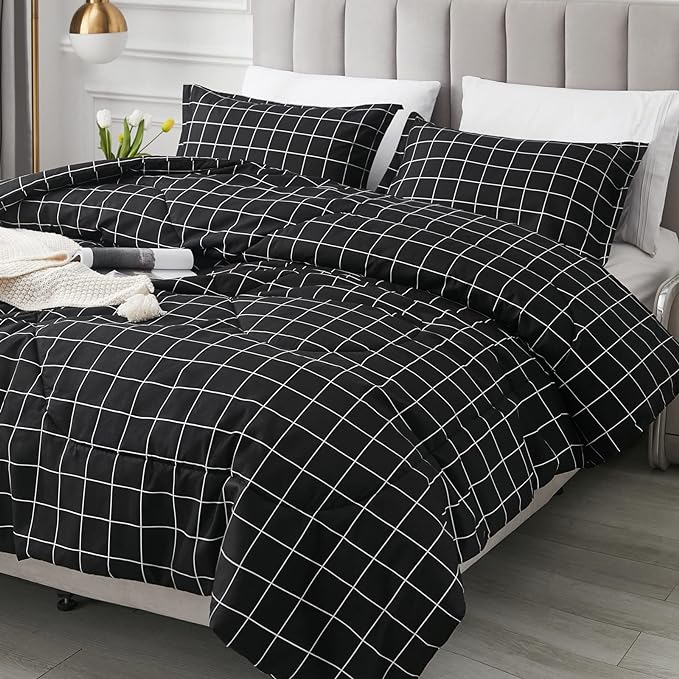 Andency Black Grid Comforter Set King Size (104x90 Inch), 3 Pieces(1 Grid Comforter and 2 Pillowcases), Summer Lightweight Microfiber Down Alternative Black Comforter with White Lines