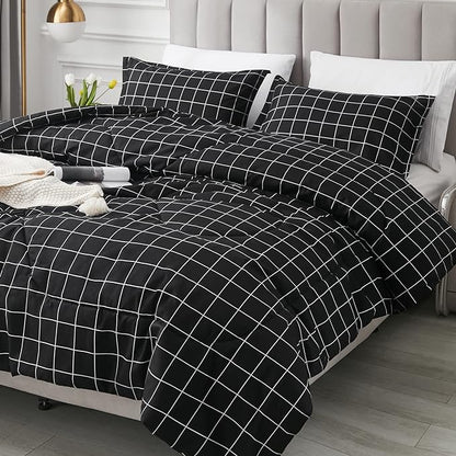 Andency Black Grid Comforter Set Full Size (79x90 Inch), 3 Pieces(1 Grid Comforter and 2 Pillowcases), Summer Lightweight Microfiber Down Alternative Black Comforter with White Lines