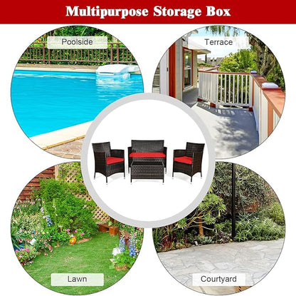 Goplus 4-Piece Rattan Patio Set, Outdoor/Indoor Wicker Conversation Set for Pool, Backyard, Lawn, Wicker Chairs and Sofa with Soft Cushion, Rattan Furniture with Tempered Glass Coffee Table