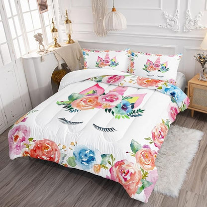 Datura home Unicorn Floral Watercolor Flower Comforter Bedding Set for Girls Teens Adults,Colorful Lovely Roses Blooms Print Design Unicorn Bedding Set(Unicorn Full)