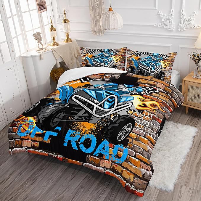 Axolotl Quad Bike Bedding Set Queen,Dirt Bike Comforter Set,Extreme Sports Bedding Set,Sports Theme Comforter Set,Tractor Truck Bedding,Motorcycle Comforter for Kids Boys Teens,1 Quilt 2 Pillowcases