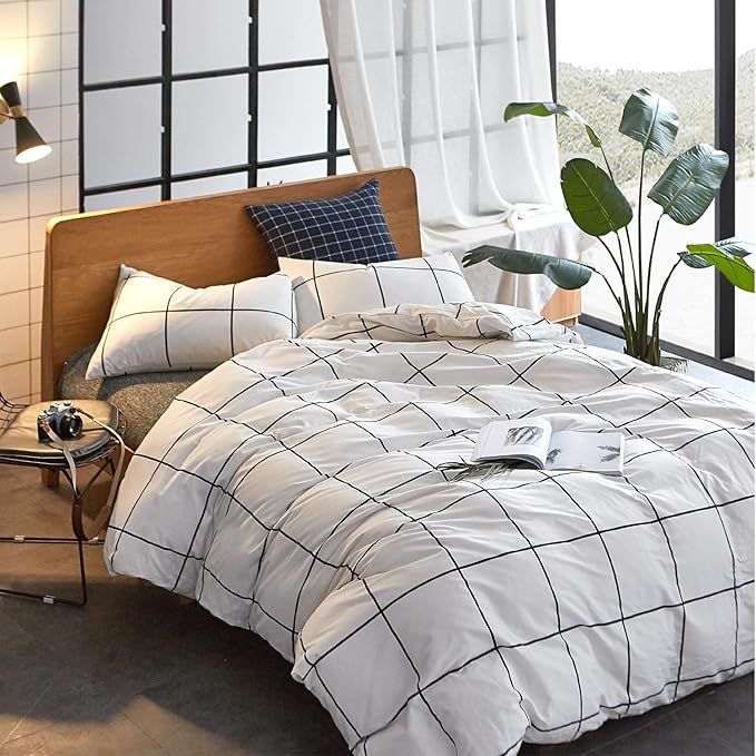 White Grid Comforter Set Big Grid Bedding Set King White Black Plaid Printed Stripes Women Checkered Comforters Bedding Set White Grid Bed Blanket Set White Plaid King Comforter