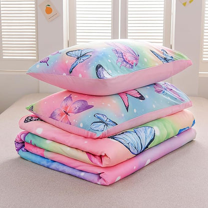 Btargot 3 Piece Butterfly Pattern Girls Comforter Set with 2 Pillow Covers, Gradient Line Rainbow Printed Bedding Set for Women, Full Multi Color