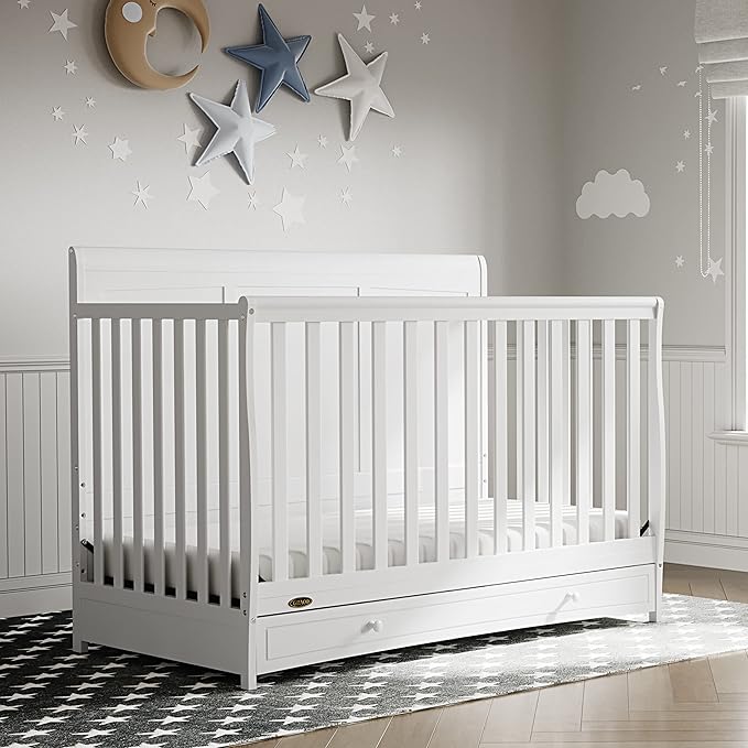 Graco Asheville 4-in-1 Convertible Crib with Drawer (White) – GREENGUARD Gold Certified, Crib with Drawer Combo, Full-Size Nursery Storage Drawer, Converts to Toddler Bed, Daybed and Full-Size Bed