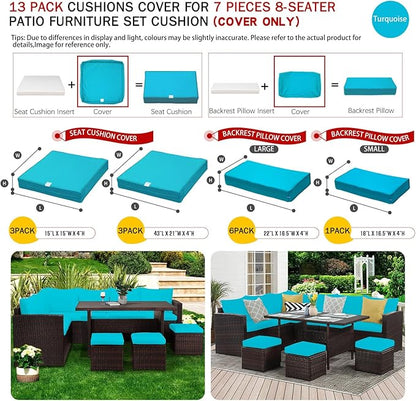 ClawsCover 13Pack Outdoor Seat and Back Cushions Replacement Covers Fit for 7Pieces Wicker Rattan Patio Furniture Set Sectional Couch with Dining Table and Ottoman,Turquoise-Include Cover Only