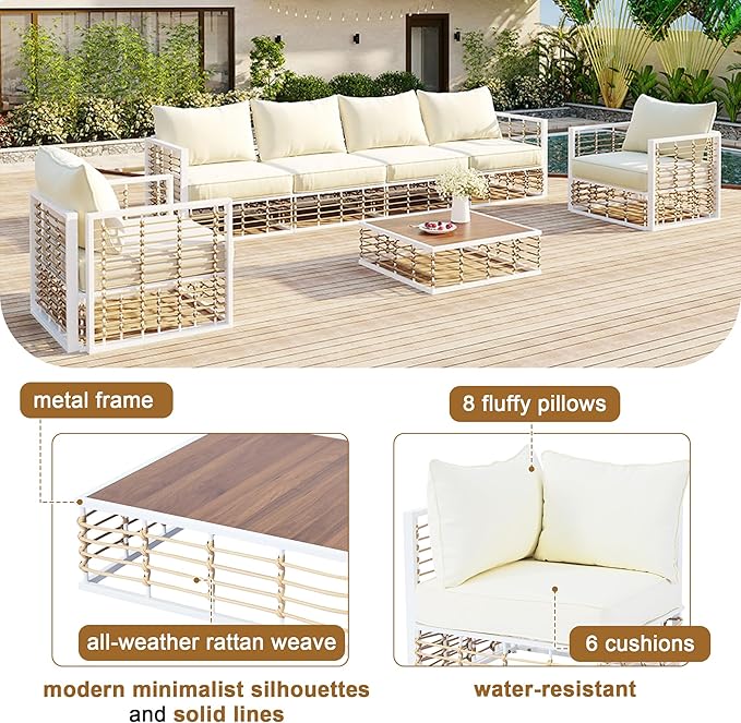 7-Piece Rattan Woven Outdoor Patio Furniture Set, All-Weather Sectional Sofa with Removable Cushions&Coffee Table, Minimalist Style Garden Couch Seating, Onesize, White Frame+Ivory Cushion