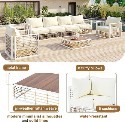 7-Piece Rattan Woven Outdoor Patio Furniture Set, All-Weather Sectional Sofa with Removable Cushions&Coffee Table, Minimalist Style Garden Couch Seating, Onesize, White Frame+Ivory Cushion