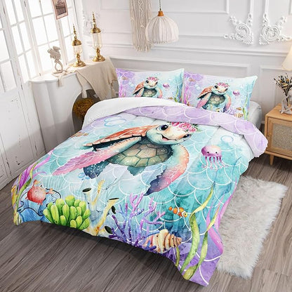 Datura home Kids Comforter Set Mermaid Scale Turtle Printed Pattern Bedding Set with 1 Comforter and 2 Pillowcases for Girls Boys Bedroom All Season(Turtle Twin)