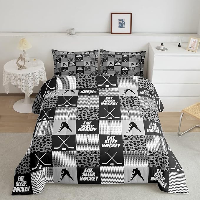 Ice Hockey Comforter Sets For Boys King Black White Grey Winter Sports Games Down Comforter Kids Teen Room Decor,Hockey Pucks Player Bedding Set Geometric Checkered Stripes Quilt Duvet 2 Pillow Cases