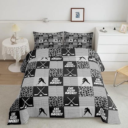 Ice Hockey Comforter Sets for Boys girls Twin Black White Grey Winter Sports Games Down Comforter Kids Teen Room Decor,Player Bedding Set Geometric Checkered Stripes Quilt Duvet 1 Pillow Case