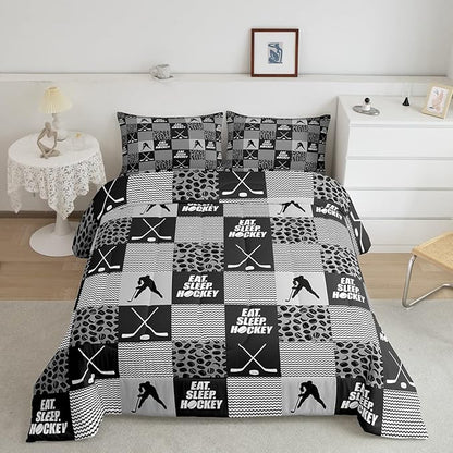 Ice Hockey Comforter Sets For Boys Full Black White Grey Winter Sports Games Down Comforter Kids Teen Room Decor,Hockey Pucks Player Bedding Set Geometric Checkered Stripes Quilt Duvet 2 Pillow Cases
