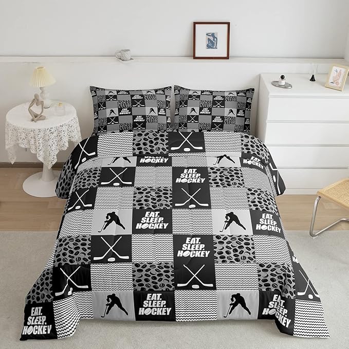 Ice Hockey Comforter Sets For Boys Queen Black White Grey Winter Sports Games Down Comforter Kids Teen Room Decor,Hockey Pucks Player Bedding Set Geometric Checkered Stripes Quilt Duvet 2 Pillow Cases