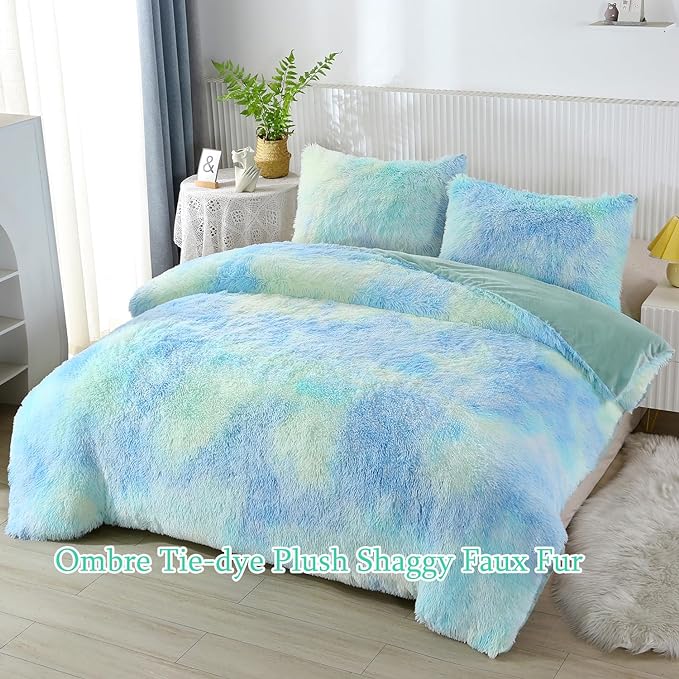 WINLIFE Shaggy Bedding Comforter Set Faux Fur Flannel Furry Comforter Long Hair Fluffy Plush Comforter Sets Ombre Blue Aqua Teal Bedding for Girls Adults (3Pcs, Full, Mint Green)