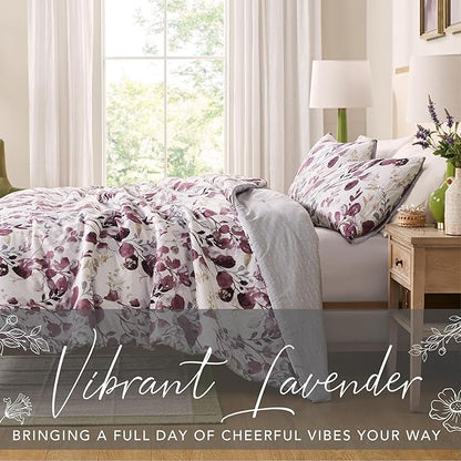 Codi Floral Queen Comforter Set for Womens, Spring Lavender Bedding Sets with Soft Seersucker 3pcs - 1 Flower Comforters and 2 Pillows Case, Lilac Purple