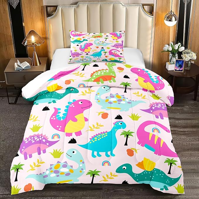 Dinosaur Twin Bedding Set, Cartoon Dinosaur Comforter Set Twin Girl Bedding Set for Girls Room Soft Breathable Dino Quilt Kids Bedding Set for All Season, 1 Comforter 1 Pillowcase