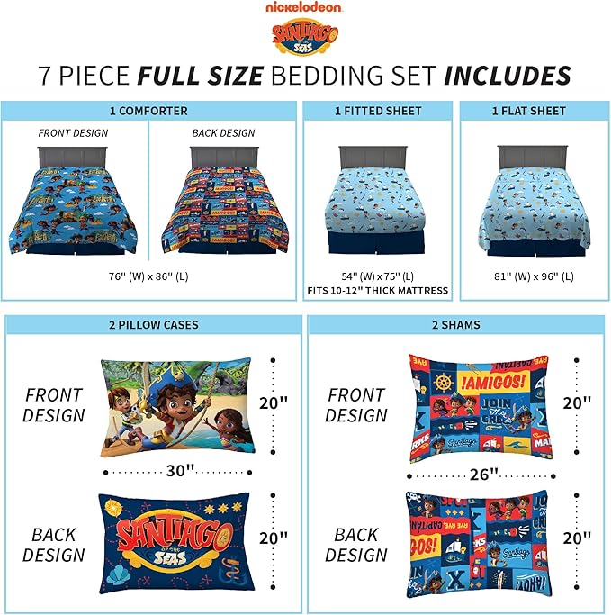 Franco Kids Bedding Super Soft Comforter and Sheet Set with Sham, 7 Piece Full Size, Santiago Of The Seas