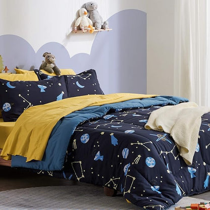 SLEEP ZONE Kids Bedding Comforter Set Full/Queen Size - Super Soft & Cute Printed 3-Piece Comforter Set All Seasons for Boys, Girls, Fade Resistant, Machine Washable, Blue Galaxy