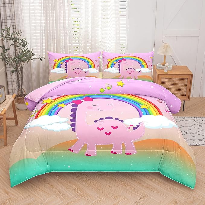 Tailor Shop Dinosaur Girls Comforter Set Queen Size,Rainbow Pink Dinosaur Bedding Set,Cartoon Dino Comforter Sets for Kids Teens，Dinosaur Bed Set,with 1 Comforter 2 Pillowcase