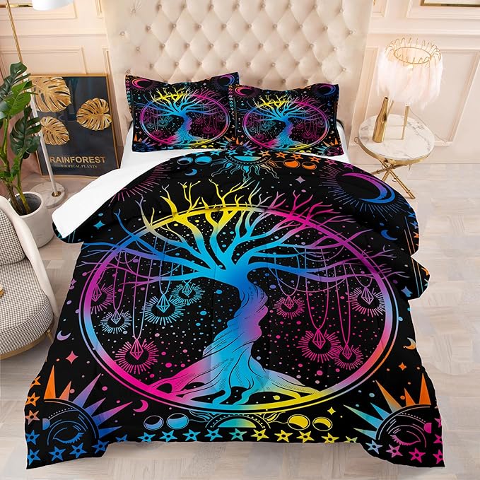 NINENINE Sun and Moon Bedding Set Full Size for Kids Boys Girls,Psychedelic Tree of Life Comforter Gothic Bohemian Bedding,Galaxy Stars Mandala Tribal Bed Set with 1 Comforter 2Pillowcases…