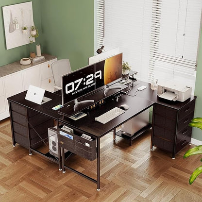 KKL 55 inch L Shaped Computer Desk with USB Charging Port & Power Outlet, L-Shaped Corner Desk with 4 Tier Drawer & Monitor Shelf for Home Office Workstation, Modern Style Writing Table, Black