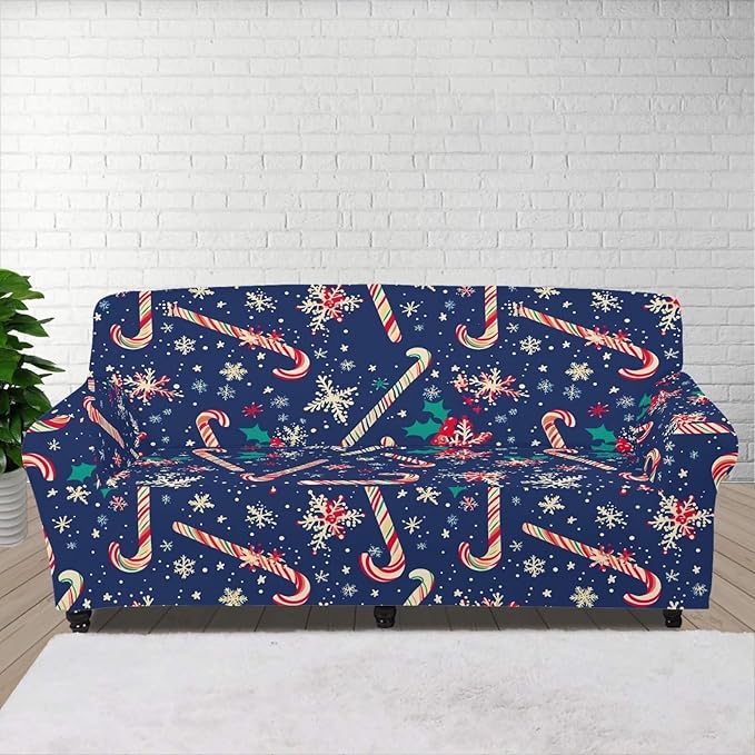 FKELYI Christmas Easy Going Stretch Sofa Slipcover Blue Candy Cane Furniture Protector Easy Going Stretch Sofa Slipcovers with Elastic Bottom XL