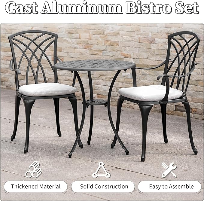 3 Piece Patio Bistro Set with Cushions, Outdoor Bistro Table and Chairs Set of 2 with Umbrella Holes, All Weather Bistro Table Set for Garden Porch Pools