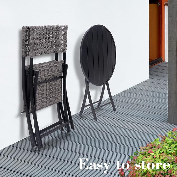 BACKYARD EXPRESSIONS PATIO · HOME · GARDEN 3 Pc 3 Piece Folding Outdoor Bistro, Wicker Furniture Table and Chairs for Garden, Backyard, Porch, Patio Conversation Set, Grey/Black