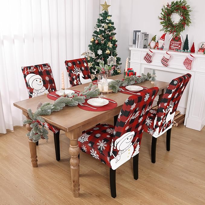 U'Artlines Christmas Chair Covers Set of 4, Removable Washable Merry Christmas Dining Chair Seat Covers Stretch Protector Slipcovers for Dining Room Kitchen Holiday Party Decor, Red Buffalo Plaid