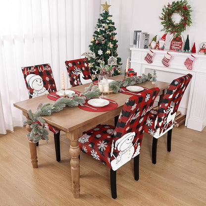U'Artlines Christmas Chair Covers Set of 4, Removable Washable Merry Christmas Dining Chair Seat Covers Stretch Protector Slipcovers for Dining Room Kitchen Holiday Party Decor, Red Buffalo Plaid