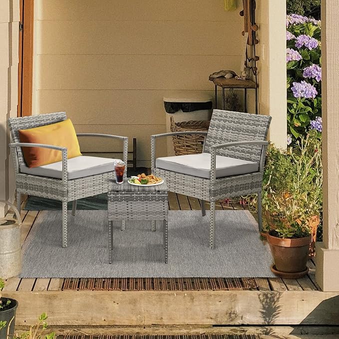 3 Pieces Patio Furniture Set, Balcony Furniture, Patio Bistro Set All-Weather Wicker Chairs Conversation Set with Cushions Table for Outdoor Backyard Porch Lawn (Grey-Grey)