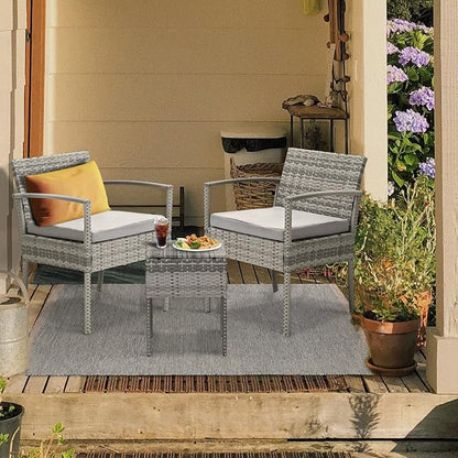 3 Pieces Patio Furniture Set, Balcony Furniture, Patio Bistro Set All-Weather Wicker Chairs Conversation Set with Cushions Table for Outdoor Backyard Porch Lawn (Grey-Grey)