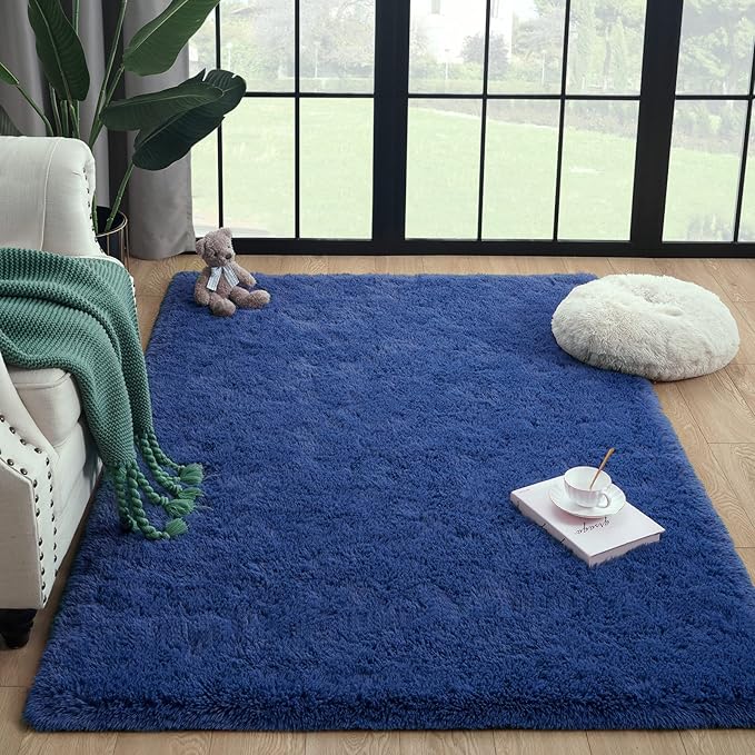 Super Soft Fluffy Shaggy Rugs for Living Room Bedroom, Fuzzy Plush Area Rugs for Girls Kids Room Nursery Home Decor, Furry Dorm Rug Cute Non-Slip Indoor Floor Carpet 5x8 Feet, Navy Blue