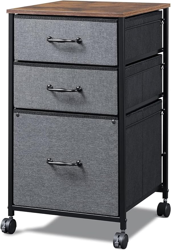 DEVAISE Mobile File Cabinet, Rolling Printer Stand with 3 Drawers, Fabric Vertical Filing Cabinet fits A4 or Letter Size for Home Office, Rustic Brown