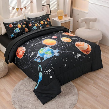 6 Pcs Solar System Comforter Set Full Outer Space Bedding Set Universe Planets Theme Comforter for Boys Kids Ultra-Soft (1 Comforter, 2 Pillowcases, 1 Flat Sheet, 1 Fitted Sheet,1 Pillowcover)